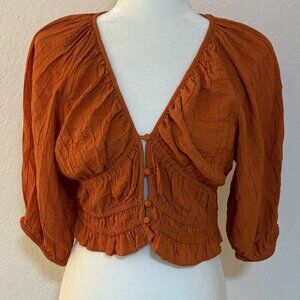 Mango Women’s Orange Puff Sleeve Cropped Ruched Top Size 4